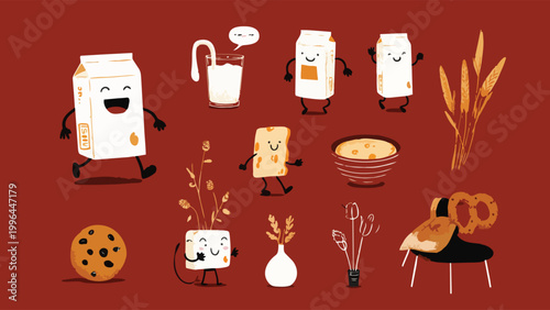Cute anthropomorphic milk cartons, bread, cheese and dairy cartoon characters on deep red background, ideal for children's menus, food branding, grocery marketing campaigns.