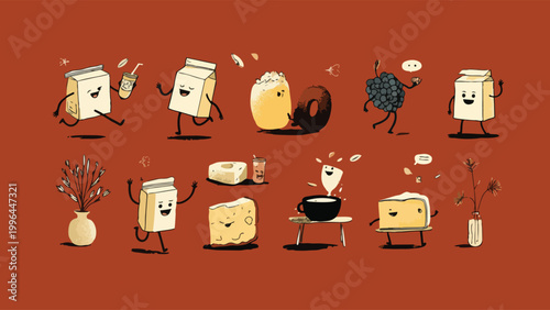 Cute hand-drawn vector cartoon of dancing anthropomorphic food characters including milk cartons, cheese and berries on red, ideal for cafe decor, kids food menus, and grocery brand marketing.