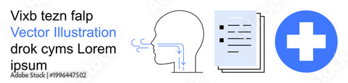 Healthcare, respiration, medical processes, patient information, human anatomy, wellness. Diagram of breathing airflow, document health cross. Healthcare and respiration concepts