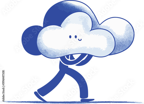 Cute smiling anthropomorphic cloud character, hand-drawn blue stick figure walking with a textured cloud head, ideal for cloud storage branding, tech service promotion and mental wellness content.