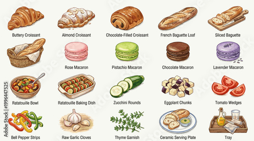 Cute bakery pastry vector collection with croissants, muffins, macarons, cakes, waffles, tarts and sweet desserts for cafe menu and bakery design