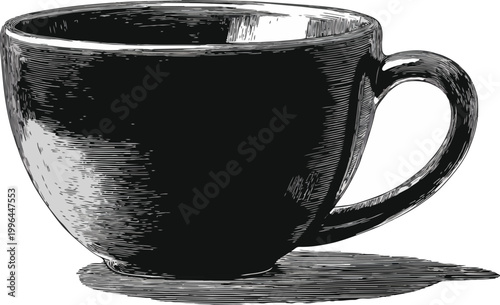 Detailed hand-engraved vector illustration of a black ceramic coffee cup with cross-hatching shading and soft shadow, suitable for café branding, menu design and food blog artwork.