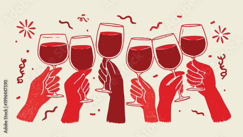 Diverse hands raising red wine glasses toasting, surrounded by confetti and celebratory sparkles, vector illustration ideal for party invitations, holiday events and restaurant marketing.