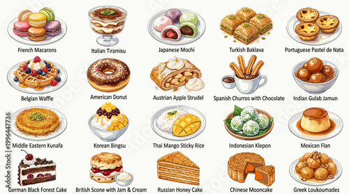 Cute dessert bakery vector collection with macarons, cakes, waffles, mochi, pastries, pudding and sweet treats for cafe menu and pastry shop design