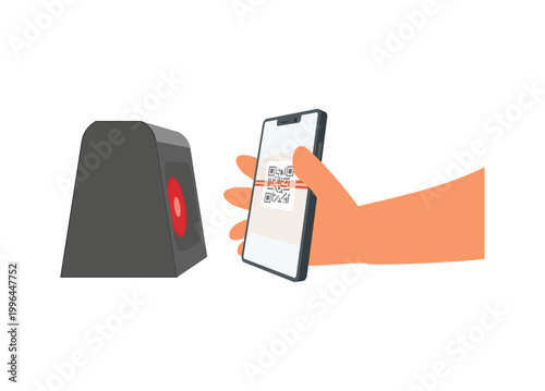 Hand scanning QR code on smartphone interface to scanner machine. Simple flat illustration.