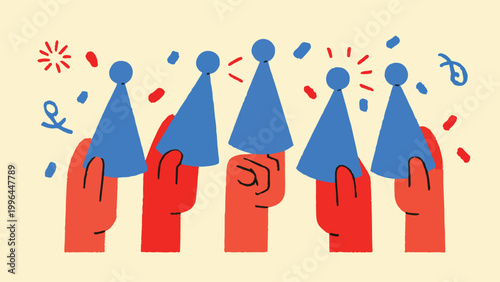 Flat hand drawn vector of red fingers wearing blue party hats with scattered confetti, playful celebration artwork, suitable for event invitations, holiday cards and party marketing materials.