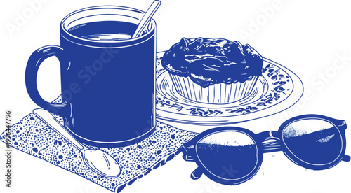 Flat monochrome blue vector illustration of coffee mug, frosted muffin, sunglasses and casual breakfast tableware, perfect for cafe branding, breakfast menu designs, lifestyle blog graphics.