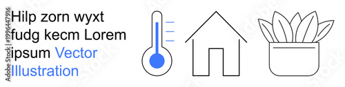 Home safety, temperature control, gardening, housing, sustainability, eco-living. A thermometer, house and potted plant in minimalist style. Home safety and temperature control concepts