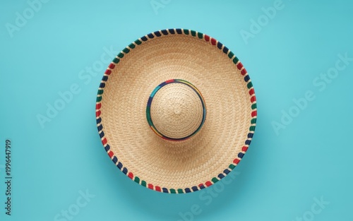 Vibrant Sombrero Hat Rests on Gradient Blue Background from Above