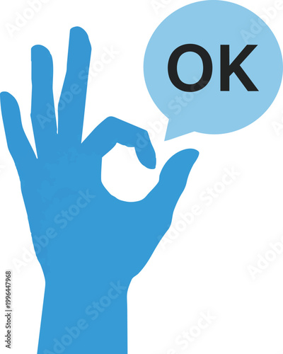 Flat vector bright blue hand making the OK gesture with a light blue speech bubble, perfect for app messaging, social media stickers and customer feedback campaigns.