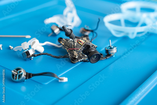 Disassembled micro drone components fpv camera in selected focus