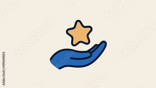Flat vector icon of an open blue hand presenting a golden star on a soft cream background, concept for review ratings, reward programs and customer satisfaction campaigns.