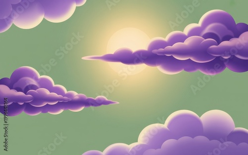 Vibrant purple clouds float across a green sky with the sun shining.