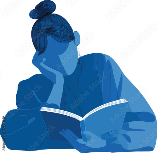 Flat vector illustration of a monochrome blue woman with a top knot resting her chin on her hand reading an open book, suitable for education blogs, library promotions and literary design projects.
