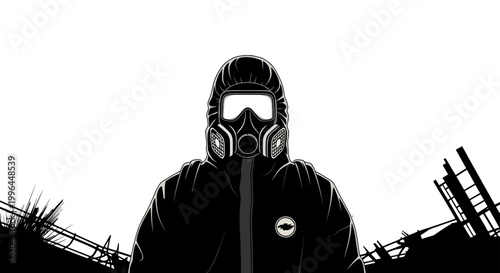 person in a protective hazmat suit with a gas mask stands in a desolate ruined environment symbolizing industrial safety and environmental protection.