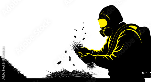 person in a hazmat suit carefully removing hazardous spiky plants during an environmental cleanup operation