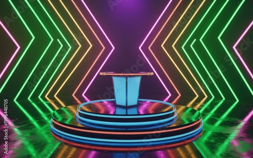 A futuristic neon-lit stage with a podium and colorful lights display technology and design elements.