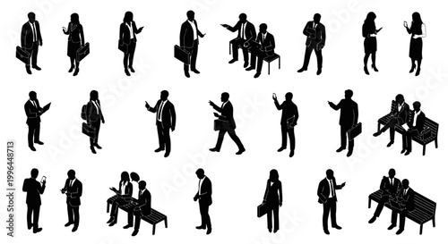 isometric business people silhouettes vector set diverse corporate professionals working meeting and interacting professionally.