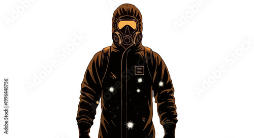 a person in a protective suit with a gas mask stands ready symbolizing biohazard safety and crucial preparedness during an environmental crisis