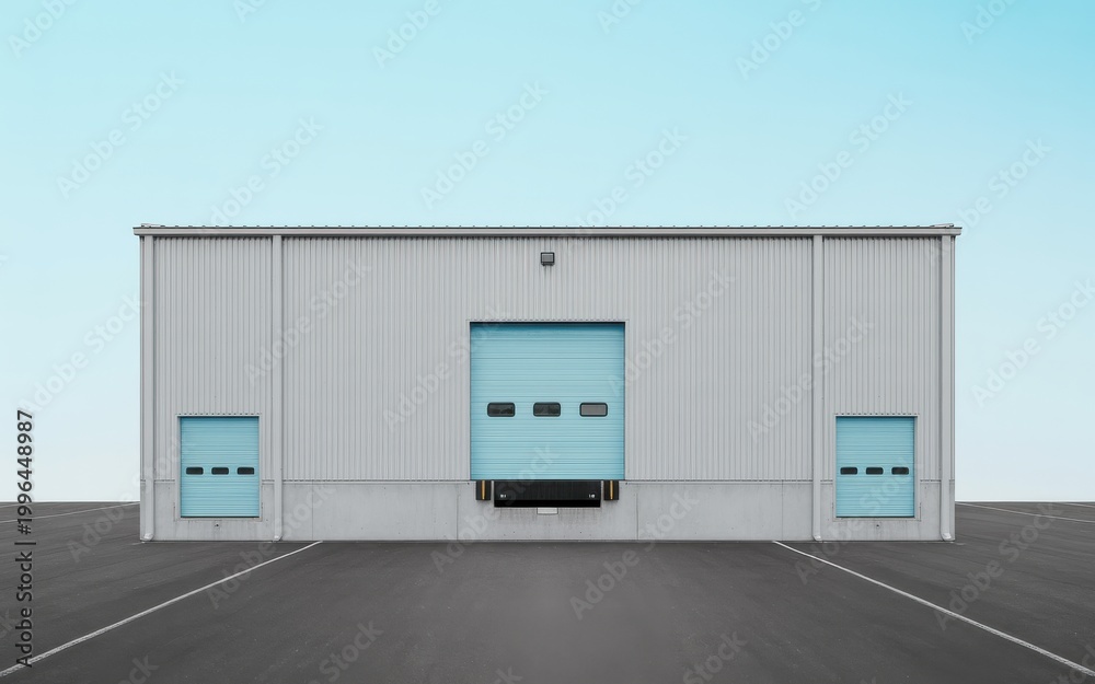 Naklejka premium A large gray warehouse with three light blue loading docks and two side doors on an asphalt lot