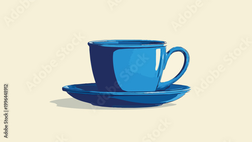 Glossy vibrant blue ceramic teacup and saucer vector illustration on pale cream background, perfect for cafe branding, kitchen decor prints and beverage marketing campaigns.