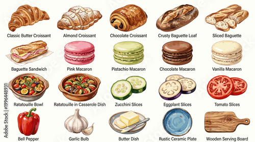 Cute bakery pastry vector collection with croissants, pancakes, waffles, tarts, cakes, muffins and sweet desserts for cafe menu and pastry shop design