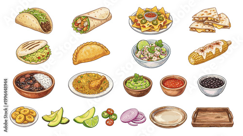Mexican food vector collection with tacos, burrito, nachos, quesadilla, chili, salsa, avocado and beans for restaurant menu and street food design