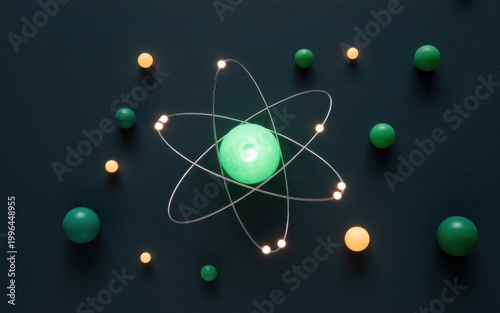 A glowing green atom model with orbiting electrons and protons on a dark background