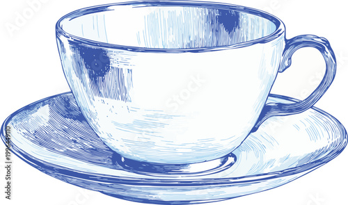 Hand-drawn blue line art vector of a ceramic teacup resting on a matching saucer, vintage engraving style, suitable for cafe branding, menu design and kitchen decor prints.
