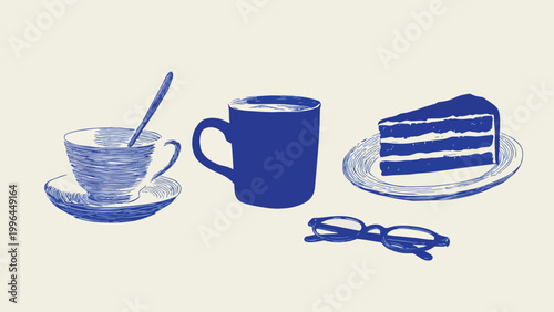 Hand-drawn blue vector illustration of coffee teacup, mug, layered cake slice and eyeglasses, modern sketch style, suitable for cafe branding, kitchen decor prints and lifestyle blog graphics.