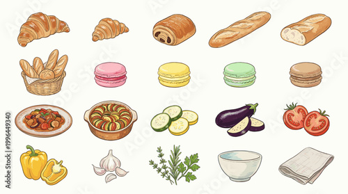 Bakery ingredient vector collection with croissants, baguette, fries, macarons, pasta, vegetables, herbs and kitchen items for cafe menu design
