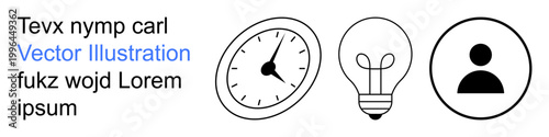 Time management, innovation, user identity, personal branding, ideas, productivity. Black and white clock, light bulb and user icon. Time management and innovation concepts