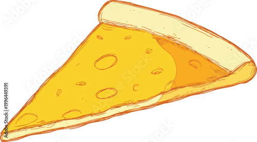 Hand-drawn sketch vector of a melty cheese pizza slice with thick crust, isolated on white, ideal for restaurant menus, food delivery promotions and casual food blog content.