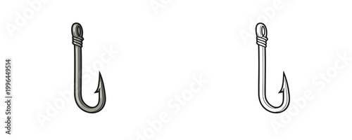 Classic metal fishing hook in flat colored and black line styles grey and white colors for professional angling tackle representation on white background