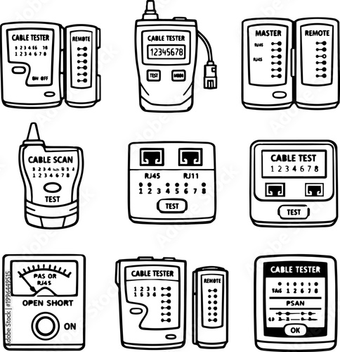 Set of cable tester devices in various styles and designs for network and electrical