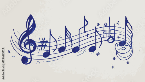Hand-drawn vibrant blue wavy musical staff with treble clef, notation and sparkles on off-white background, perfect for concert posters, music streaming banners and creative lifestyle projects.