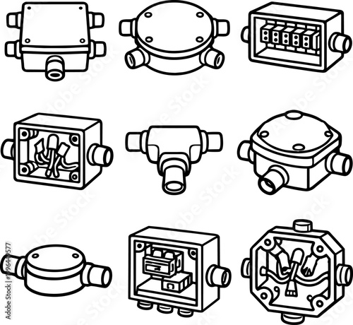 Detailed technical drawings of various electrical junction boxes and connectors in black