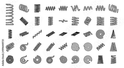 collection of various springs and coils in black and white illustrating mechanical designs