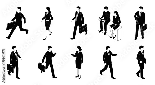 group of business people in black and white men and women in suits commuting and working