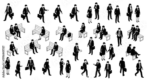 isometric business people collection professionals in formal wear with briefcases and on benches
