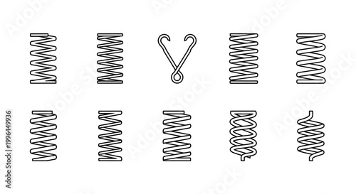 spring coil icons set showcasing various compression and torsion springs perfect for mechanical engineering and industrial design graphics.