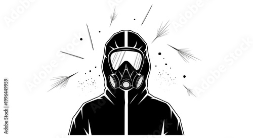 a person in a hazmat suit and gas mask in a hazardous environment amidst flying debris illustrating danger contamination and emergency protection needs.