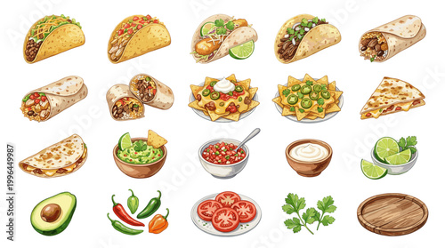 Colorful Mexican food vector collection with tacos, burrito, nachos, quesadilla, avocado, salsa and chili for restaurant menu and cuisine design