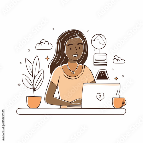 Young woman working on a laptop computer at a desk with plants and a coffee cup in a modern home office setting