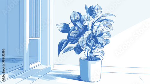 Minimalist blue vector line art of a potted houseplant by a sunlit sliding window in a bright modern interior, suitable for home decor blogs, interior design projects, urban wellness content.