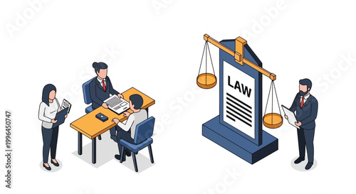 Legal professionals discussing law and justice with scales of balance and documents.