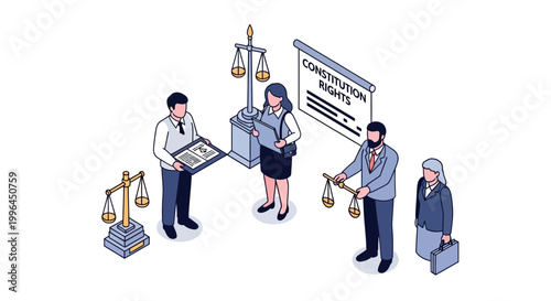 Legal Professionals Examining Constitution Rights and Justice Scales.