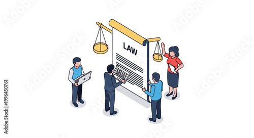 Legal Professionals Reviewing Law Document with Scales of Justice Illustration.