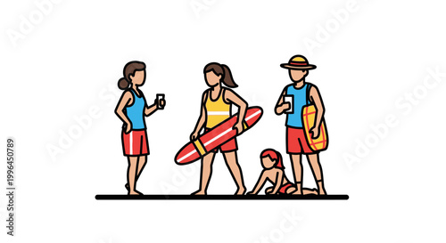 Lifeguards and Beachgoers Enjoying a Sunny Day on the Shoreline.