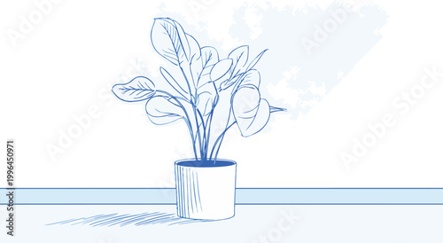 Minimalist hand-drawn blue line vector of a leafy potted houseplant in a ribbed ceramic planter on a light tabletop, concept for home decor blogs, interior design content and workspace branding.